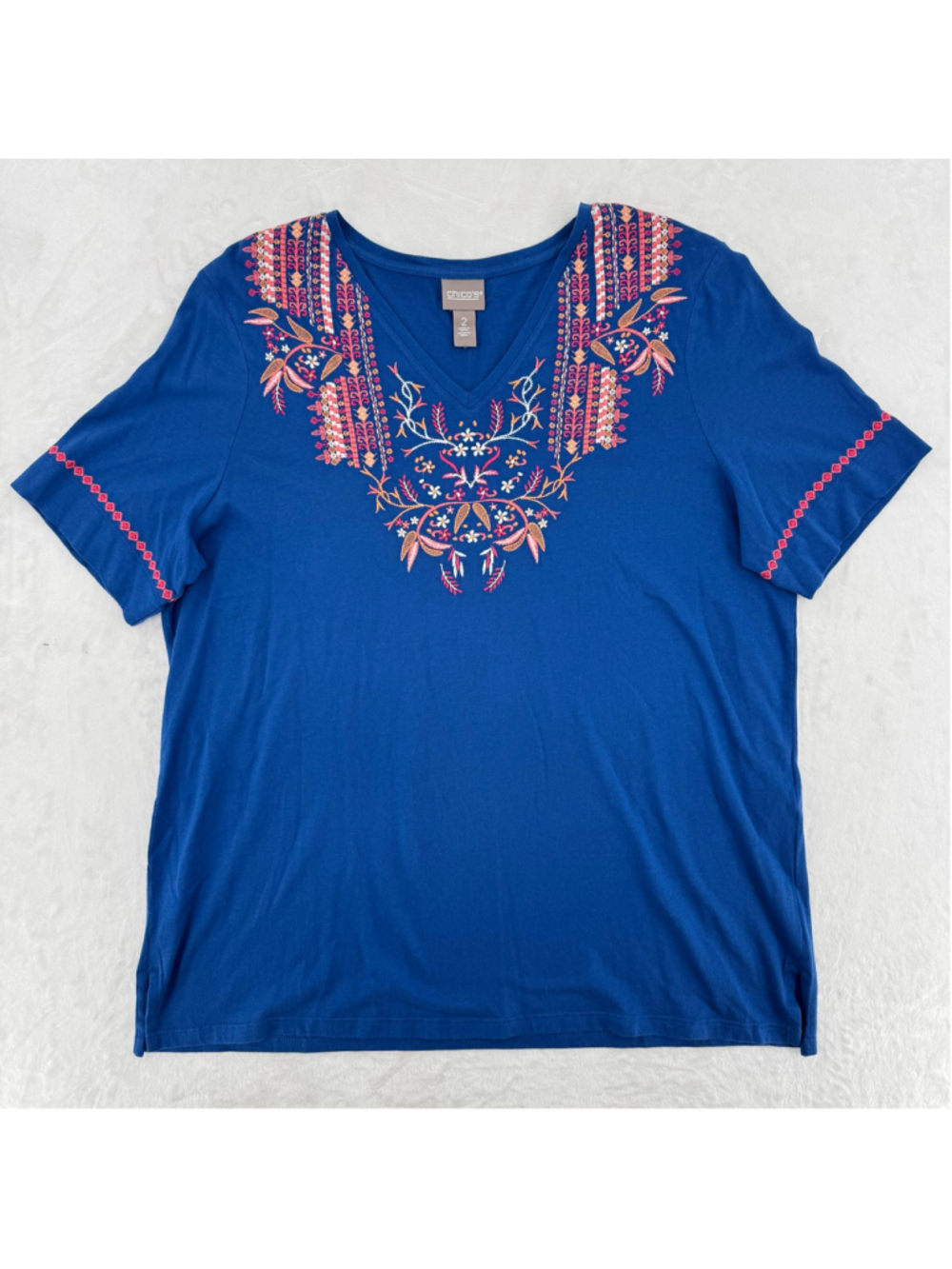 Chico's Embroidered Top Cobalt Blue Melon Boho V Neck Cotton Blend Boho Size 2/L